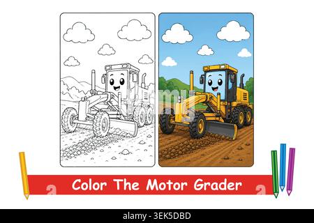 Motor grader coloring page with construction vehicle theme, designed for preschool education and creative coloring activities. Stock Vector