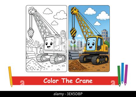 Construction crane coloring page for children with bold outlines, great for learning activities and printable coloring fun. Stock Vector