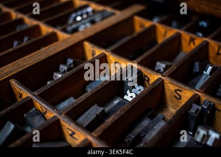 Vintage metal letterpress type blocks arranged in a wooden printer’s drawer Stock Photo