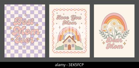 Set of three retro groovy mothers day greeting cards with rainbows, flowers, and checkered patterns in 70s style Stock Vector