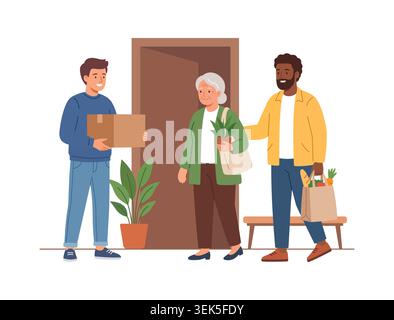 Young man delivering a parcel to an elderly woman and a man helping her with groceries at the doorway Stock Vector