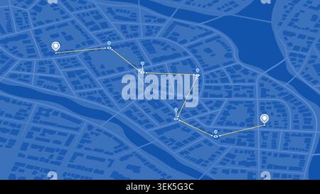 GPS navigation to pins and multiple markers on route. Isometric city map featuring directional signs, an intended goal point. Abstract plan highlights Stock Vector