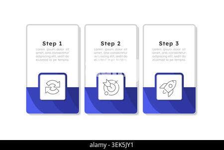 Company development rectangle blue horizontal infographic 3 steps Stock Vector
