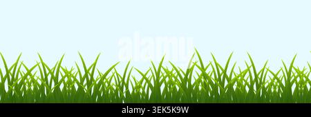 Seamless lush grass lawn border with natural blade texture and wild weeds in cartoon vector illustration for spring garden landscape background with Stock Vector