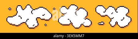 Three pixel game art white clouds on yellow background. Stock Vector
