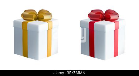 3D gift box, present icon. Cake tied with red gold ribbon bow. White bg xmas reward prize, birthday card vector. Event celebrate, premium casino emoji Stock Vector