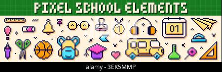 Collection with back to School pixel art color elements. Backpack, bell, glasses, headphones, calendar, school bus, paper airplane, basketball, flask, protractor, angle ruler, paper clip. Stock Vector