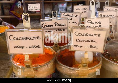 Selection of herbs and spices on market stall, La Laguna, Santa Cruz, Tenerife Stock Photo