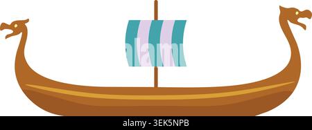 Flat illustration of a Viking longship with curved ends and a striped sail Stock Vector