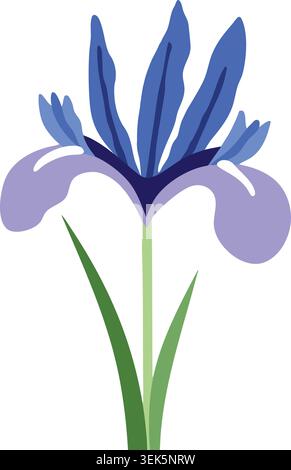 Flat illustration of a purple iris flower with tall petals and long green leaves Stock Vector