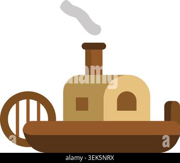Flat illustration of a vintage paddle steamboat with a smokestack and side wheel Stock Vector