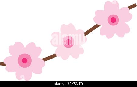 Flat illustration of a cherry blossom branch with three light pink flowers Stock Vector