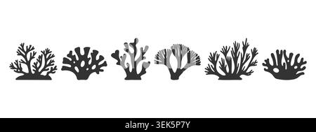 A set of six coral silhouettes in modern minimalist style. Black and white vector illustration of marine life elements for sea patterns, aquarium deco Stock Vector