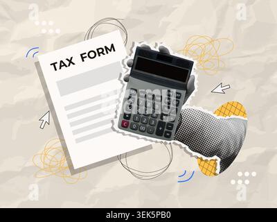 Abstract hand holding calculator with tax form, finance and accounting concept. Stock Vector