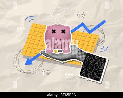 Abstract hand holding piggy bank with economic crisis, finance and tax concept. Stock Vector