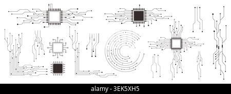 Technology circuit scheme motherboard texture, circle line dots connection. Ai chip electronics lines, circles engineering technology. Data tech bg black flat and line motherboard. Vector illustration Stock Vector