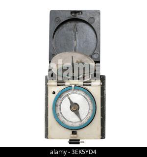 Military compass isolated on white background. Vintage navigation tool for orientation and mapping. Traditional equipment for travel, hiking, expediti Stock Photo
