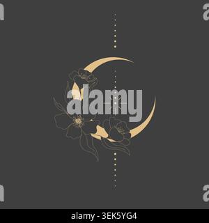 Elegant thin line golden moon flower contour tattoo, floral spiritual mystic element, Esoteric boho magic illustration, Line, leaves and dots decoration. Vector illustration Stock Vector