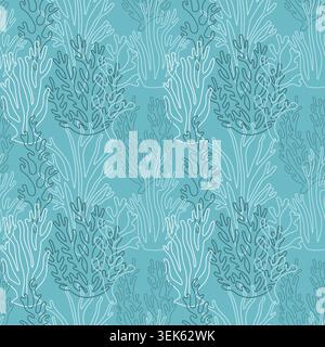 underwater sea corals seamless pattern. Vector line art illustration of marine life elements on turquoise background for summer textile print, tropica Stock Vector