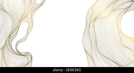 Luxury gold line wave pattern, Japanese ocean motif, flowing silk textures. Elegant vector design, abstract curves, geometric art deco elements Stock Vector