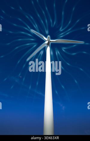 Wind turbine with glowing energy flow lines, renewable energy, clean power generation, sustainability and future green technology concept Stock Photo