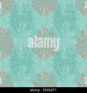 Abstract underwater sea corals seamless pattern. Vector line art illustration of marine life elements on mint green background for summer textile prin Stock Vector