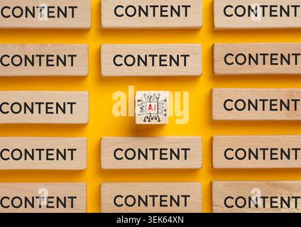 Artificial intelligence block surrounded by content blocks, illustrating AI generated content and digital information Stock Photo