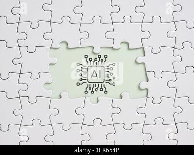 AI generated content or powered by artificial intelligence concepts with AI microchip core revealed underneath jigsaw puzzle pieces Stock Photo