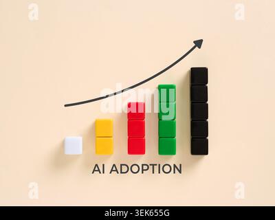 Artificial intelligence adoption progressing, trending upward with a bar graph made of colorful blocks and an arrow indicating growth Stock Photo