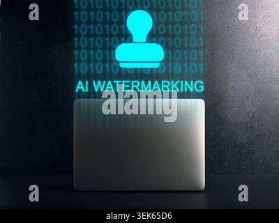 AI watermarking, digital authenticity, and deepfake detection concepts with glowing digital stamp hologram above a laptop computer Stock Photo
