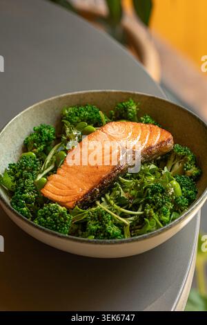 Grilled salmon fillet with broccoli bowl Stock Photo
