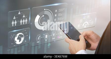 Businessman using smartphone with AI digital interface for strategic business management Stock Photo
