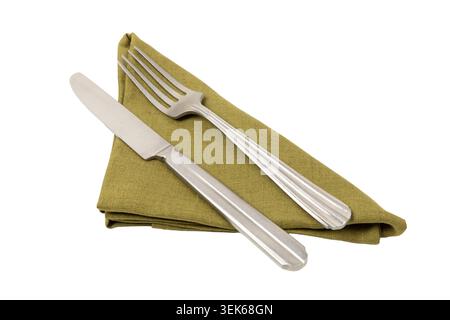 green napkin, fork and knife isolated on white background cutout Stock Photo