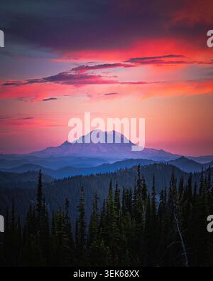 Vibrant pink sunset over Mount Rainier Washington Stock Photo