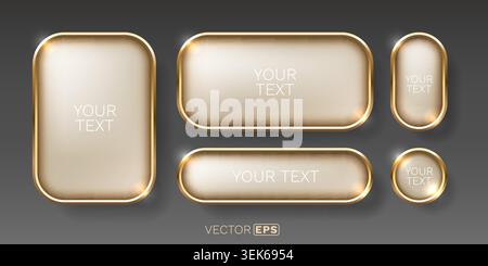 Elegant Golden Glossy Buttons and Frames Set. This realistic 3D collection provides modern graphic interface elements. Vector illustration Stock Vector
