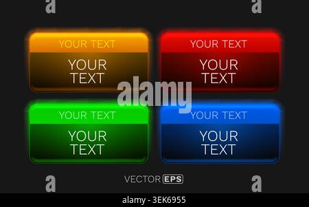 Set of four glowing, colorful UI buttons or banners on a dark background, ideal for modern web design. Vector illustration. Stock Vector