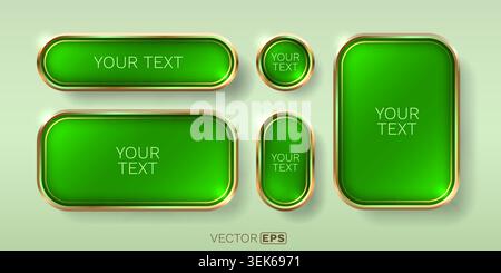 Shiny green web buttons and frames with a golden border. A set of glossy UI elements in various shapes. Vector illustration Stock Vector