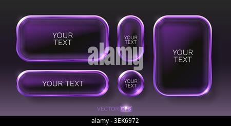 Set of futuristic purple glossy buttons or frames. Modern UI elements with glowing metallic borders. Vector illustration Stock Vector