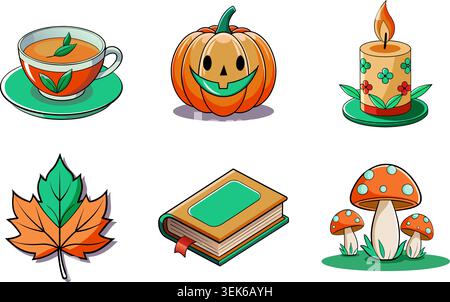 Autumn, cozy season, nature. Vector set of 6 colorful cartoon icons featuring tea, pumpkin, candle, leaf, book, and mushrooms for seasonal design. Stock Vector