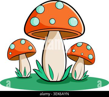 Autumn mushrooms orange with blue spots. Cartoon seasonal illustration for nature and forest design. Stock Vector