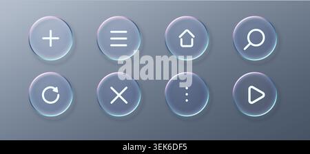 Set of Glass liquid circle and button ui icon with web 3d interface. Modern background element and square design morphism with frame application kit Stock Vector