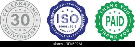 Anniversary ISO Certification and Paid Thank You Badges Collection Vector Set Stock Vector