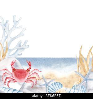 Coastal frame with sandy beach, ocean waves, seashells, tassel garland ...