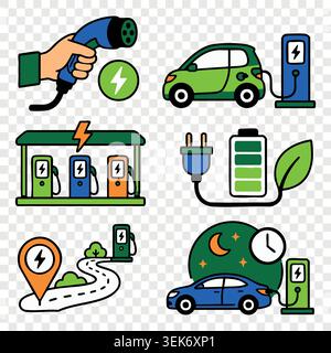 Green electric car icons battery charging stations power plug and ecological transport symbols set Stock Vector