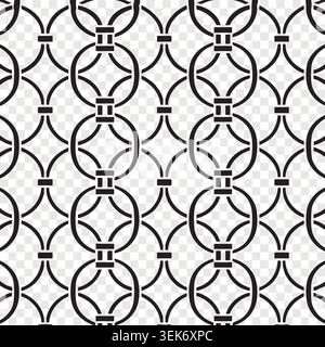 Black and white seamless geometric pattern with interlocking circles and linear squares repeating background Stock Vector