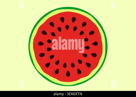 Cut in half watermelon illustration with juicy red flesh, black seeds and green rind. Fresh summer fruit isolated Stock Vector