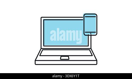 Laptop and smartphone icon: portable computer with mobile phone representing responsive design, modern black line art with offset color fill vector. Stock Vector