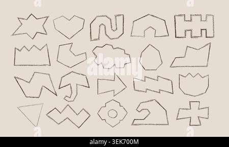 Abstract black charcoal texture y2k style geometric shapes set. Contemporary hand drawn pencil sketch figures. Stock Vector