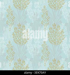 Minimalist underwater botanical seamless pattern featuring yellow and white outlines of corals, kelp, and sea grass on a soft blue background. Elegant Stock Vector