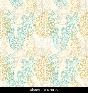 Minimalist botanical seamless pattern with turquoise, yellow and grey outlines of sea corals and algae on a warm beige background. Elegant marine text Stock Vector